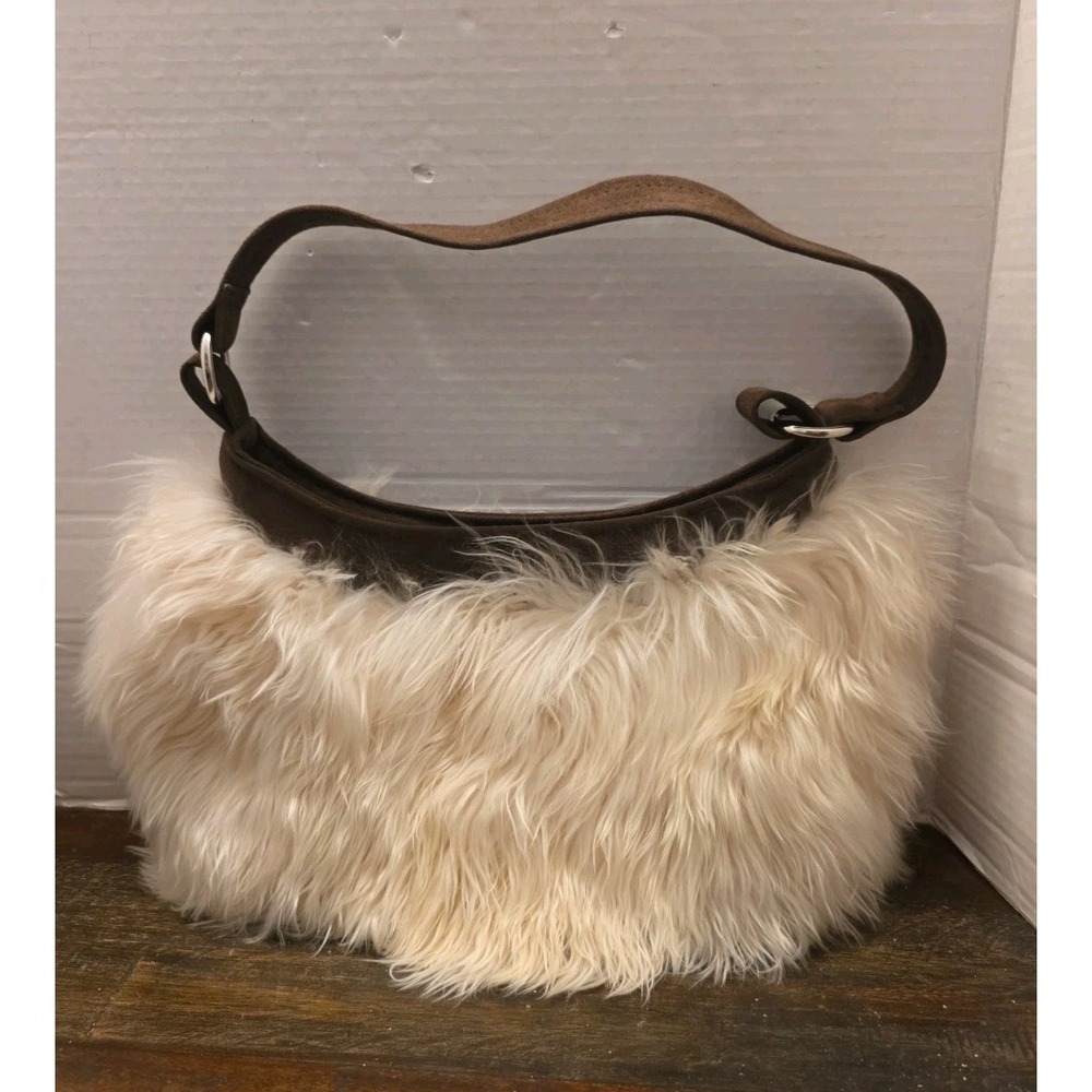 Vintage Y2K Shaggy Faux Fur Shoulder Bag – Cream & Brown Suede Trim